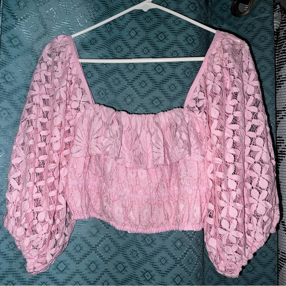 🩷 Jen’s Pirate Booty Pink Lace Women’s Crop Top Sz S Boho Chic Coquette Girl
